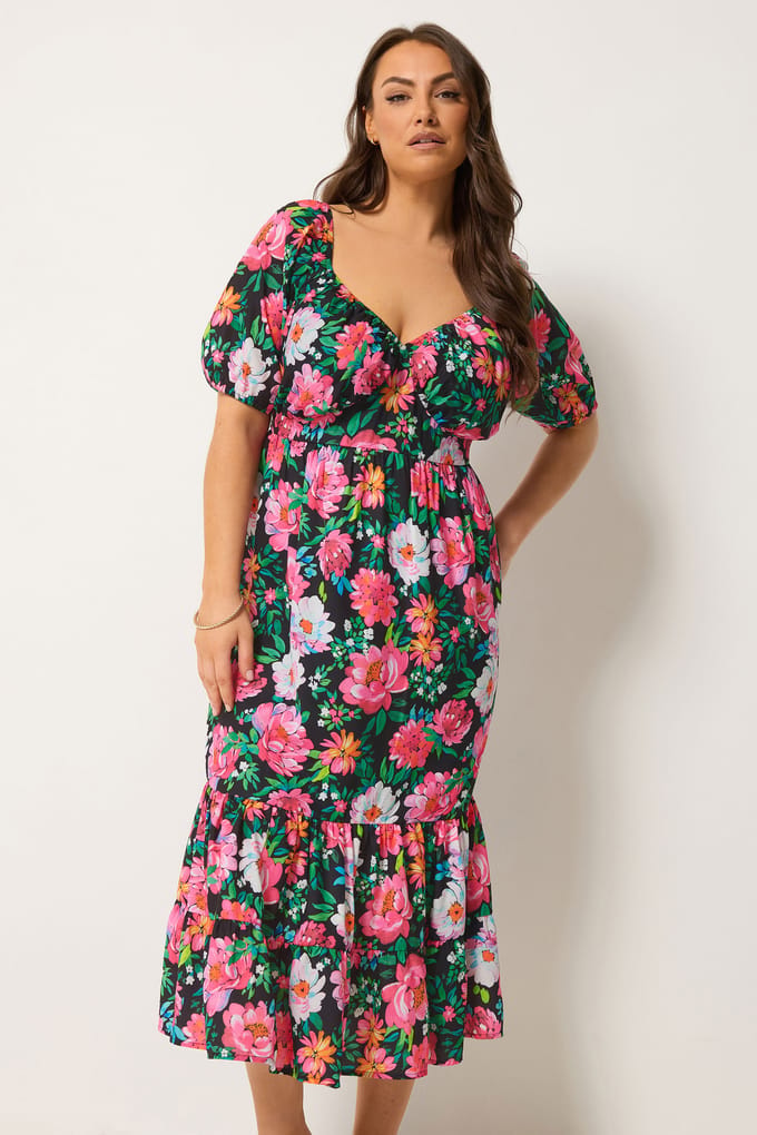 Yours Zwarte Midijurk Met Bloemenprint Size 48