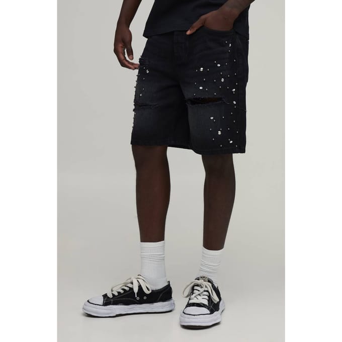 Relaxed Rhinestone Embellished Ripped Denim Shorts | Washed Black | Size 54