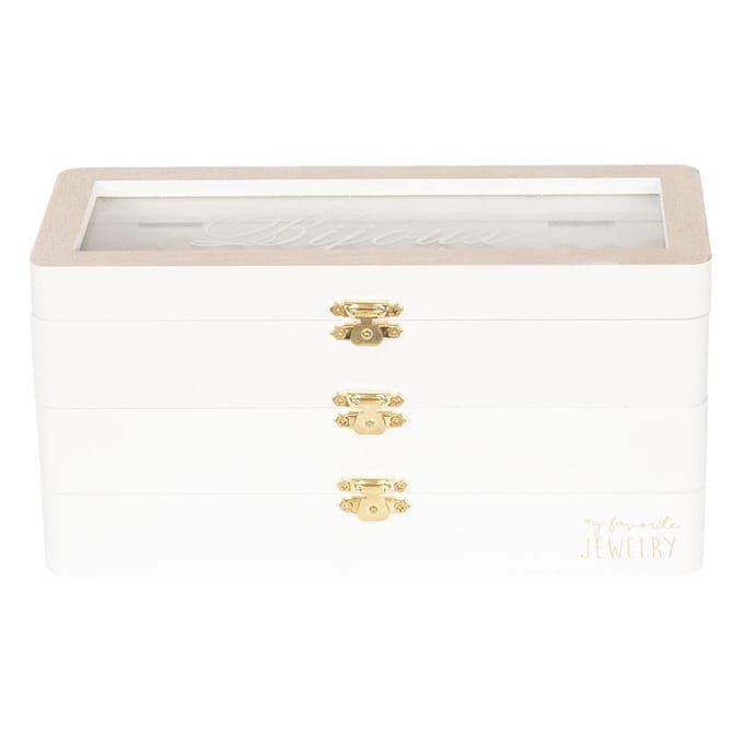 Clayre & Eef Sieradendoos 24x10x12 cm Wit Hout Glas Juwelendoos