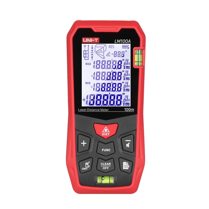 UNI-T LM100A Laser Afstandsmeter 100M met 2 Waterpassen LCD Achtergrondverlichting Pythagoras 100m range rood