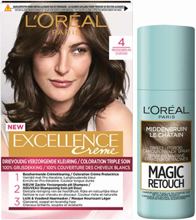 L'Oréal Excellence Creme Haarverf 4 Middenbruin + Magic Retouch Uitgroeispray Middenbruin 75 ml Pakket