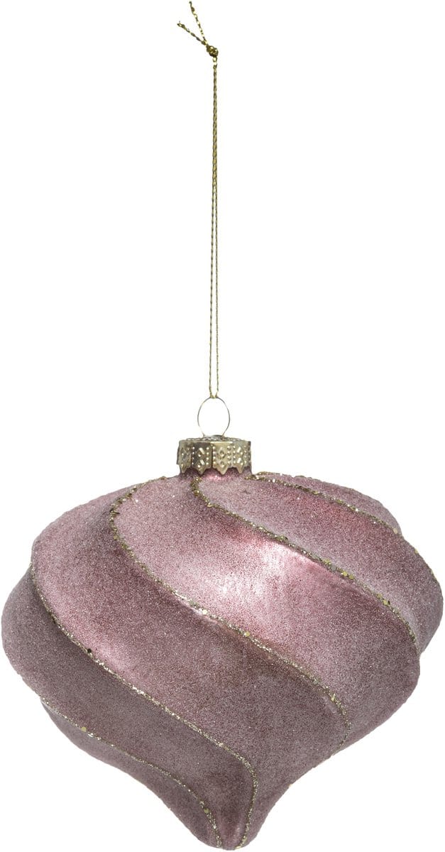 JJA - Kerstbal in druppelvorm met roze en gouden spiralen 10 cm met glitters