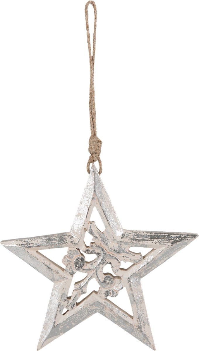 Clayre & Eef Decoratie Hanger Ster 6H1524M 20*2*20 cm Wit Hout Kersthanger Kerstboomversiering