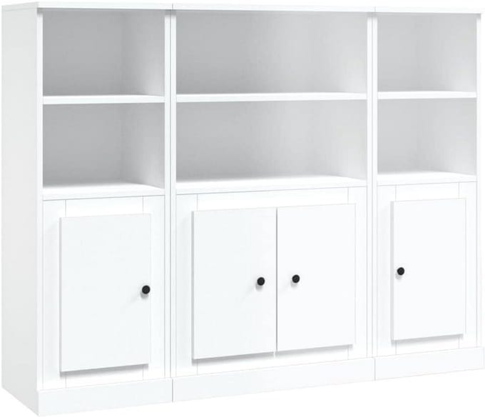 Set van 3 Hoge Dressoirs in Carved Hout - Witte Opbergkasten
