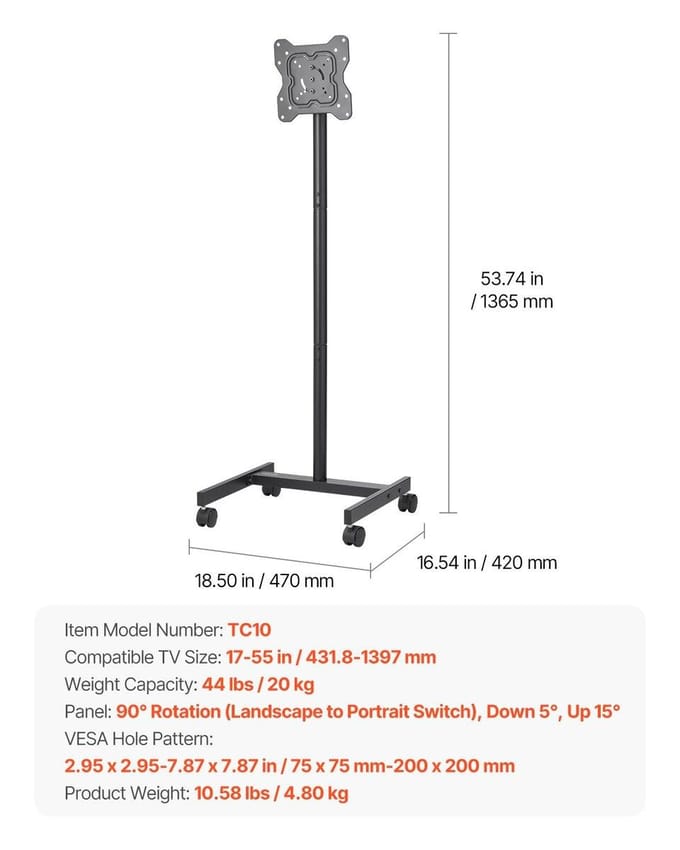 Verrijdbaar TV-standaard Mobiele TV-kar Ondersteunt tot 20 kg voor 17-55 inch Schermen