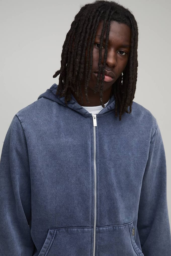 Essential Washed Boxy Zip Through Hoodie | Navy | Size XL