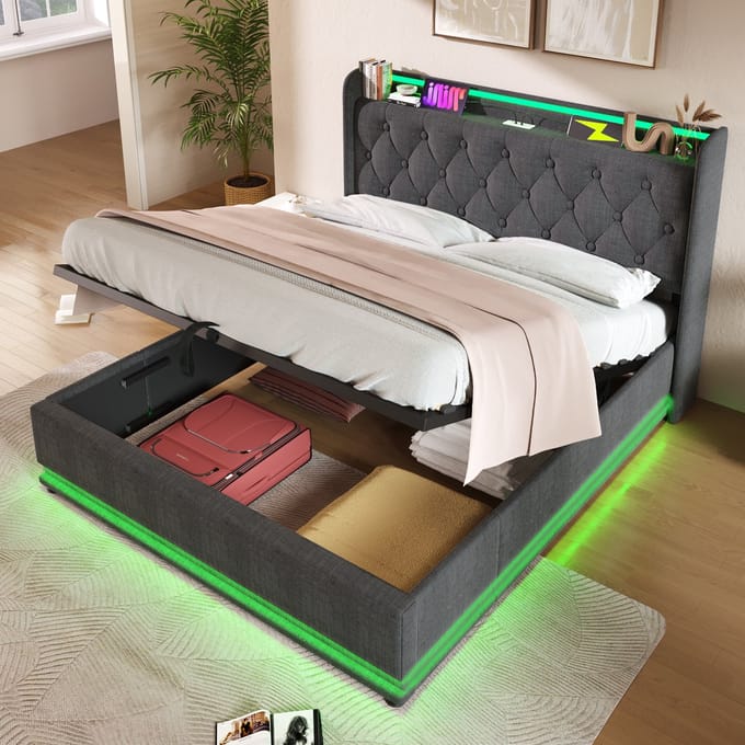 REDOM Bedframe 160x200 cm – Linnen grijs – Met 360° LED, USB-C & hydraulische opbergruimte – Luxe