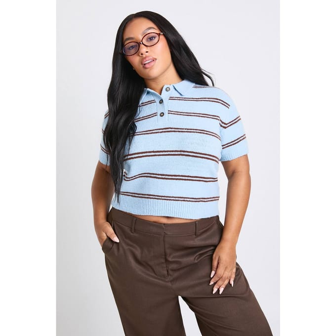 boohoo Dames PLUS Kraagdetail Gestreepte Gebreide Top | Blauw | Maat: 54