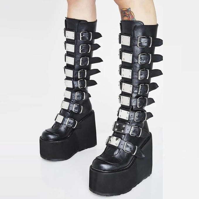 Bottes de moto style gothique cool punk pour femmes, chaussures à plateforme compensée, talons hauts, bottes mollets 41 noir