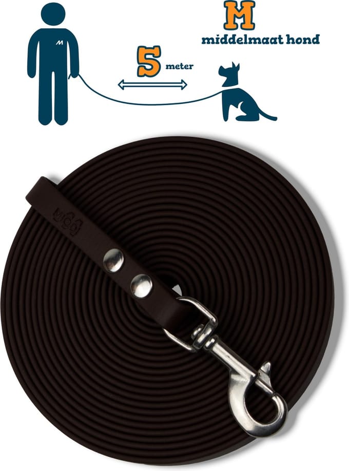 Miqdi BioThane® Sleeplijn 5 meter – zonder handvat – M (13 mm) – donkerbruin – waterdicht & sterk