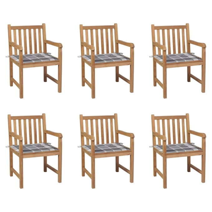 vidaXL - Tuinstoelen - 6 - st - met - grijs - geruite - kussens - massief - teakhout