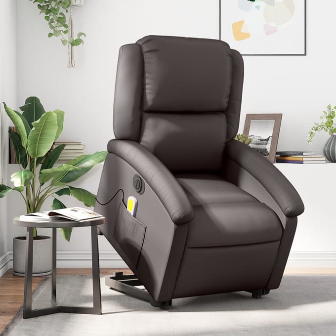 vidaXL - Sta-op-massagestoel - elektrisch - echt - leer - donkerbruin