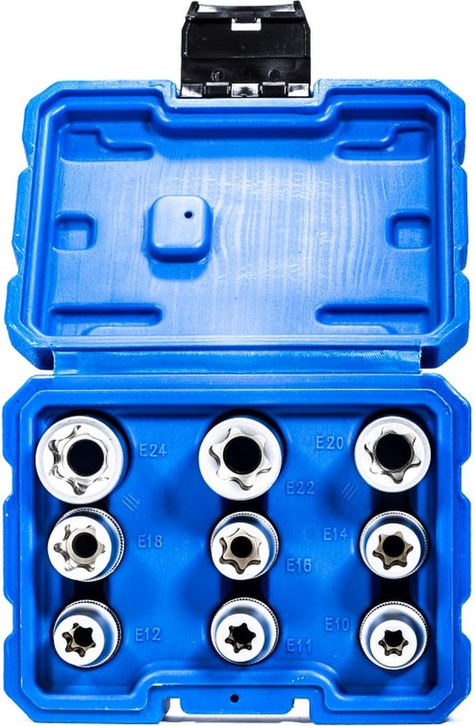 Torx doppenset 9 delig E Torx 1/2" aansluiting, set maten : E10, E11, E12, E14, E16, E18, E20, E22 en E24
