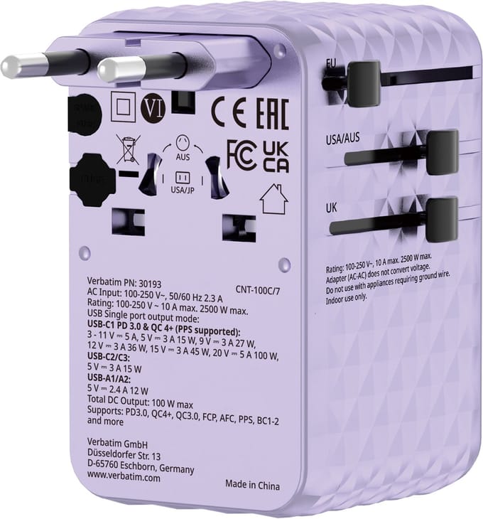 Verbatim Reisadapter Eu Vk Vs Gan 2Xusb-C 2Xusb-A 1Xusb-C Pd 100W