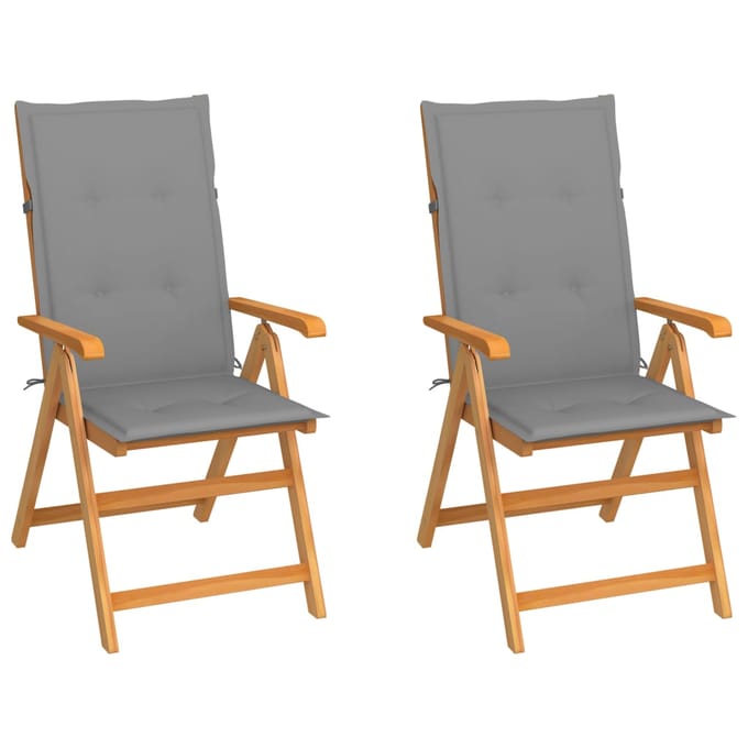 vidaXL - Inklapbare - stoelen - 2 - st - met - grijze - kussens - massief - teakhout