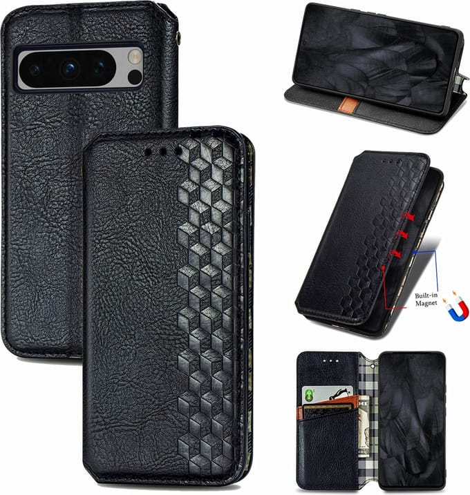 Luxe PU Lederen Ruitpatroon Wallet Case + Glas Screenprotector voor Pixel 8 Pro _ Zwart