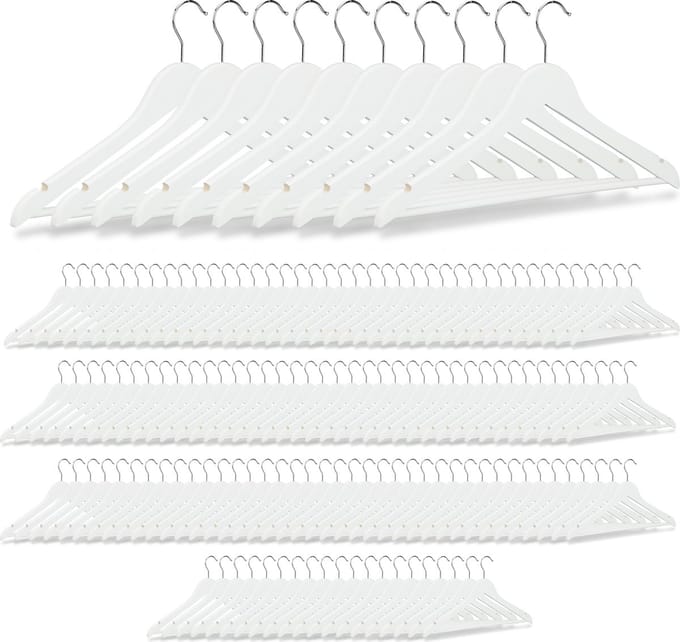 150 kledinghanger hout - broekhanger - klerenhanger - draaibare haak - wit