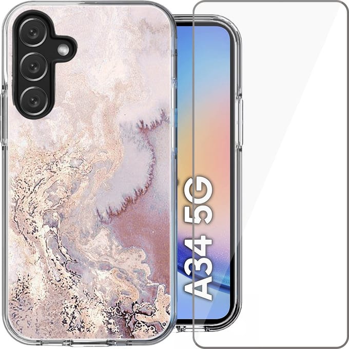 Hoesje geschikt voor Samsung Galaxy A34 - Screen Protector Glas - Back Cover Marmer Siliconen Case Roze & Screenprotector