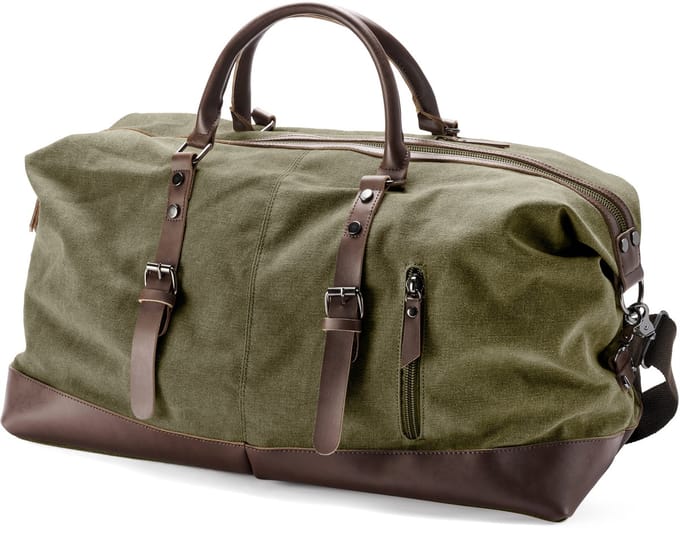 Weekendtas van legergroen canvas en bruin leer