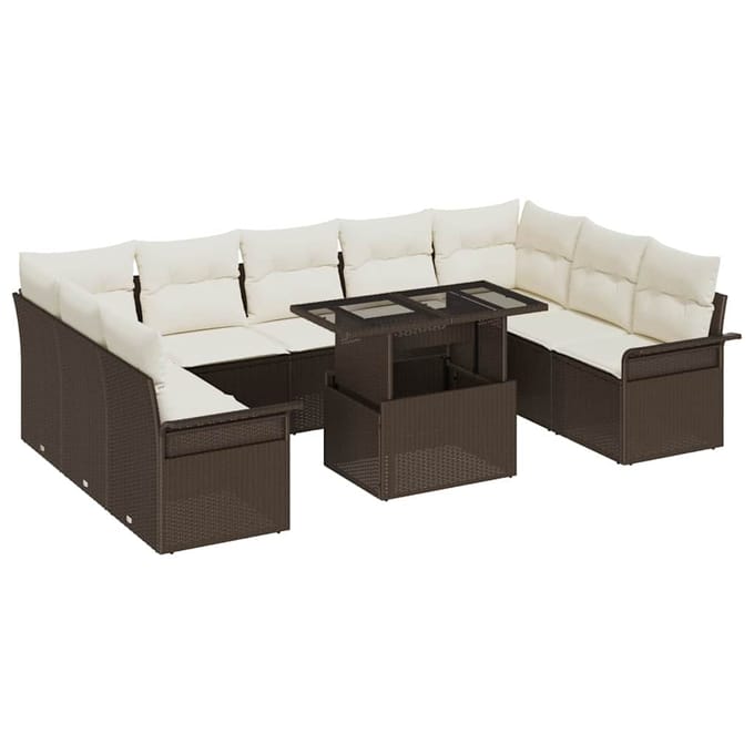 vidaXL Tuinbank Set met kussen met kussen 10 pcs Bruin Poly Riet