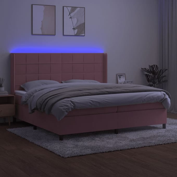 vidaXL - Boxspring - met - matras - en - LED - fluweel - roze - 200x200 - cm