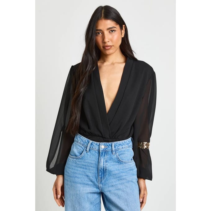 boohoo Dames Tall Wikkel Chiffon Mouw Bodysuit | Black | Maat: 18