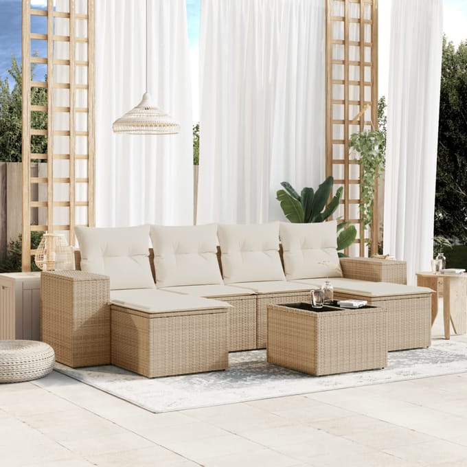 vidaXL - 7-delige - Loungeset - met - kussens - poly - rattan - beige