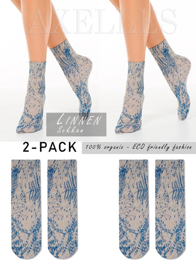 Linnen sokken floraal patroon (ECO), 2-PAAR blauw, maat 36/39.