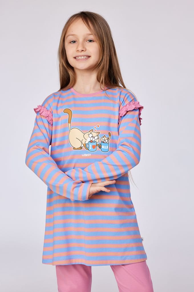 Woody pyjama dames - blauw/roze gestreept - kat - 252-10-BLB-S/911 - maat S