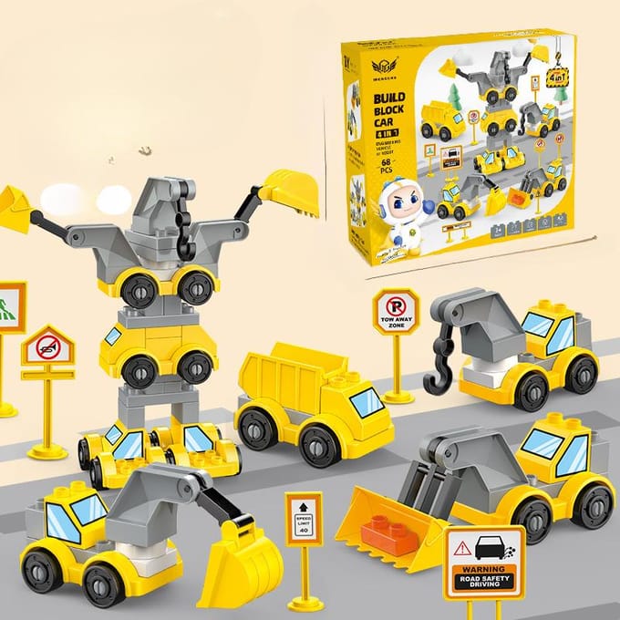 Bloc de construction à déformation de grosses particules, jouet d'ingénierie quatre en un, puzzle d'assemblage, compatible avec les garçons et les filles 24*9*18.9cm yellow