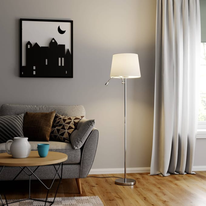 Lindby vloerlamp Benjiro, wit, textiel, leeslampje, 150 cm