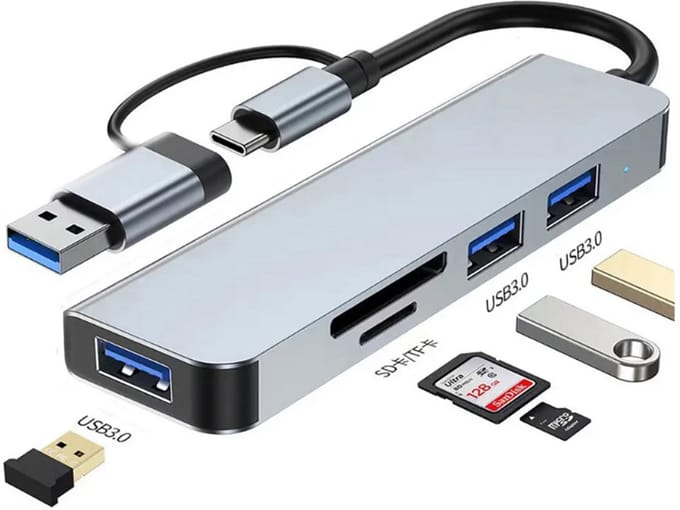 Assortix® USB-C Hub 5-in-1 – USB 3.0 & SD/TF Kaartlezer – Voor Laptop, Desktop & Tablet