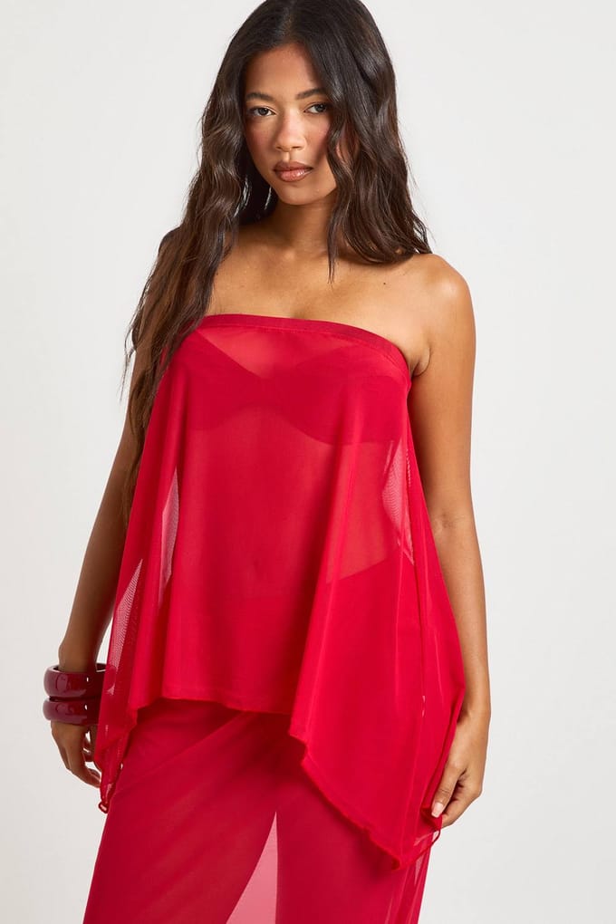 boohoo Dames Mesh Bandeau Top & Maxi Strandrok Co-ord | Red | Maat: 14