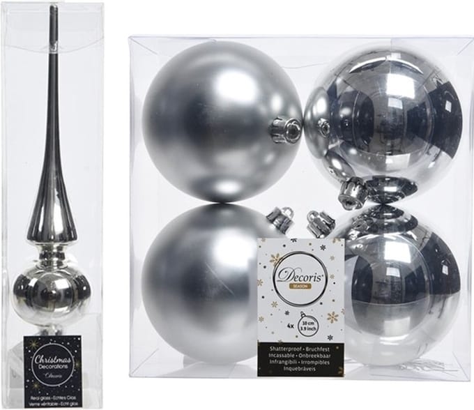 Decoris - Kerstversiering - zilver - piek en 4x kerstballen 10 cm