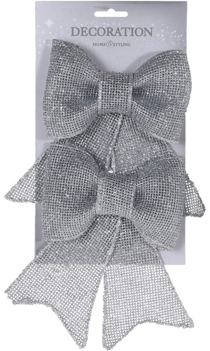 Kerstboomversiering Strikjes - 2x stuks - zilver - 33 cm - glitters - op clip