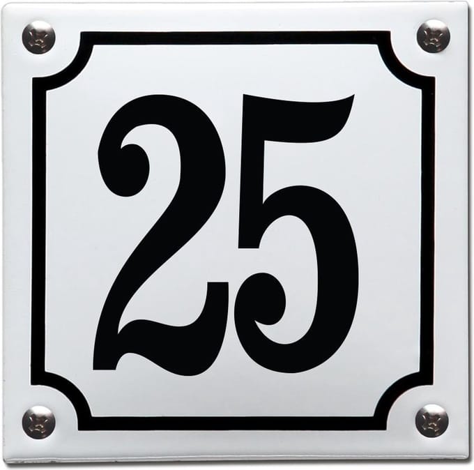 Emaille huisnummer wit/zwart nr. 25