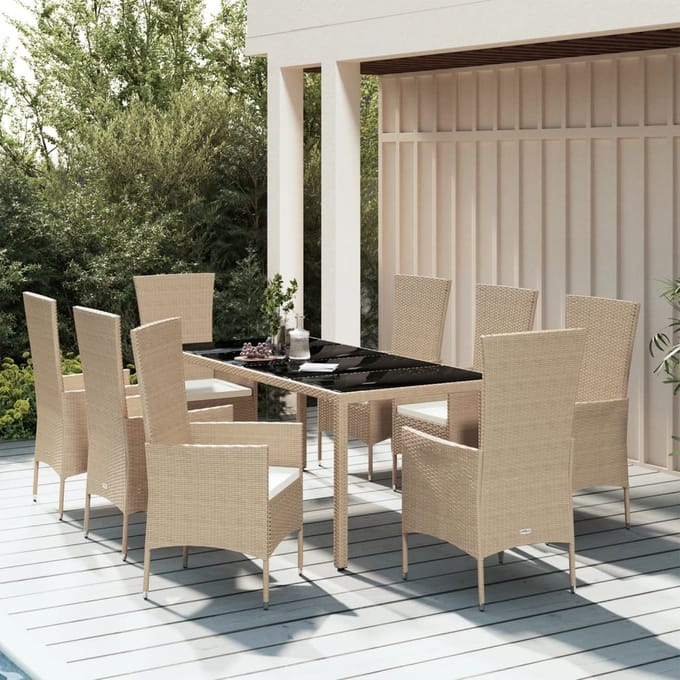 vidaXL - 9-delige - Tuinset - met - kussens - poly - rattan - beige