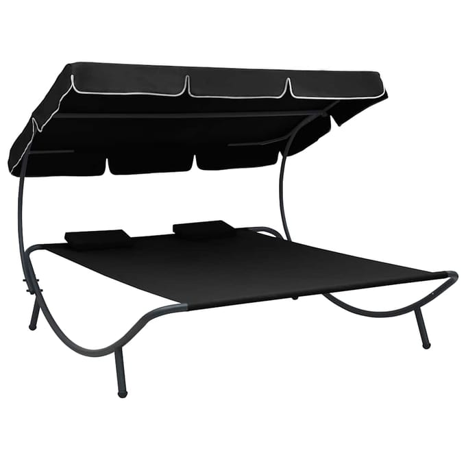vidaXL - Loungebed - met - luifel - en - kussens - zwart