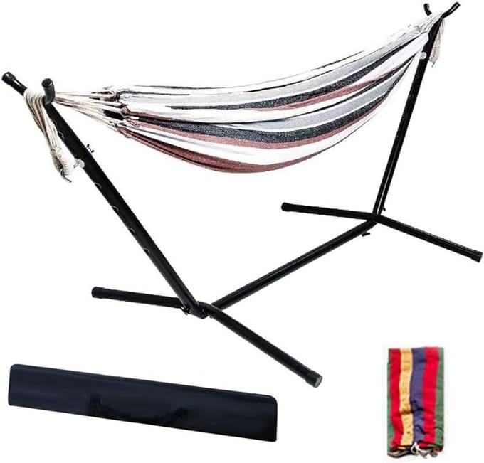 Dubbele Hangmat - Kampeer Hangmat - Buiten Ontspannen - Met Verstelbare Standaard - 550 Lbs Capaciteit - Koffie