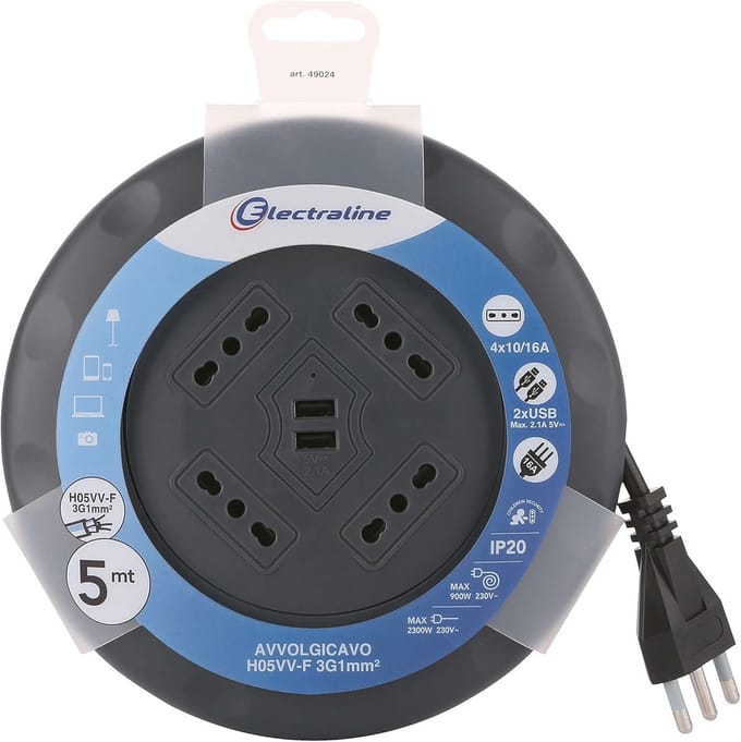 Verlengkabel met Kabelhaspel UFO Design Super Slim 5 m met USB-oplaadpunten