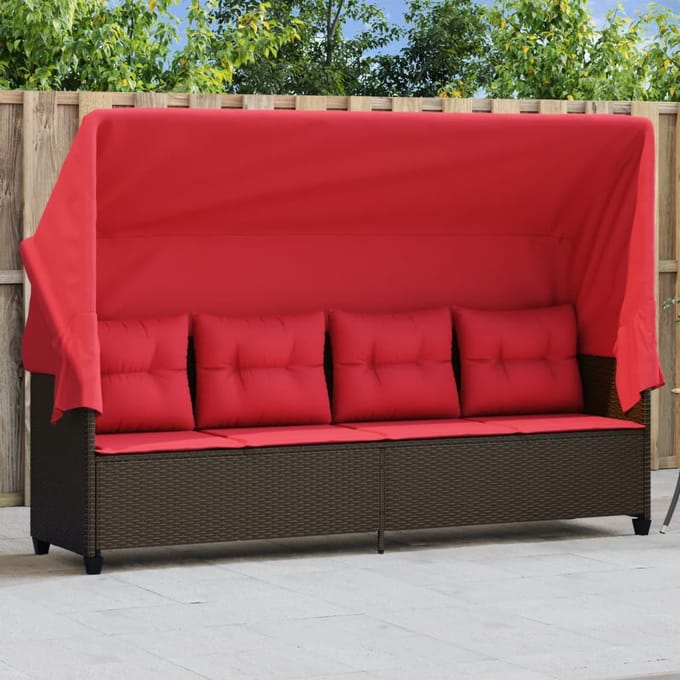 vidaXL - Ligbed - met - luifel - en - kussens - poly - rattan - bruin
