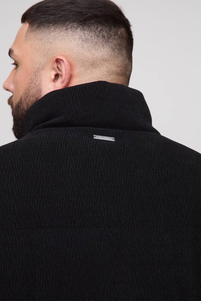 Plus Regular Fit Textured Faux Suede Funnel Neck Puffer Jacket | Black | Size 2XL