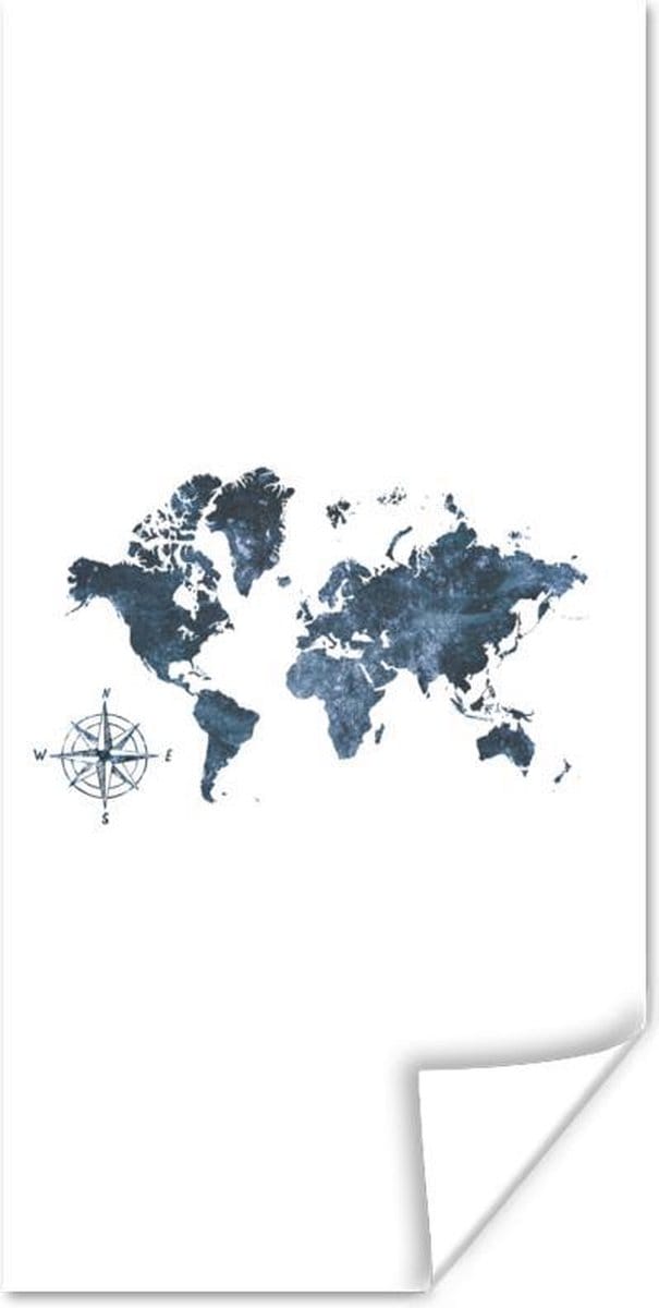 Wereldkaarten - Wereldkaart - blauw - Kompas - 80x160 cm