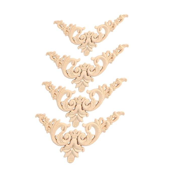 4 STUKS Rubberhout Gesneden Hoek Onlay Applique Meubel Bloemvorm Ongeschilderd 12x 12cm beige