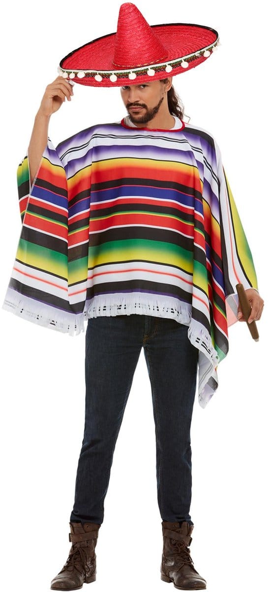 Carnaval verkleed set Mexicaan - gekleurde one size poncho - Sombrero hoed rood dia 60 cm