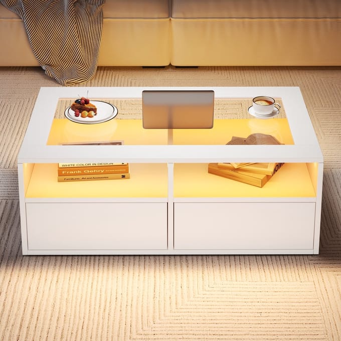 Salontafel - 100x50x35 cm - Met LED 2 Lades Glasblad En Open Opbergruimte - Glas - Wit