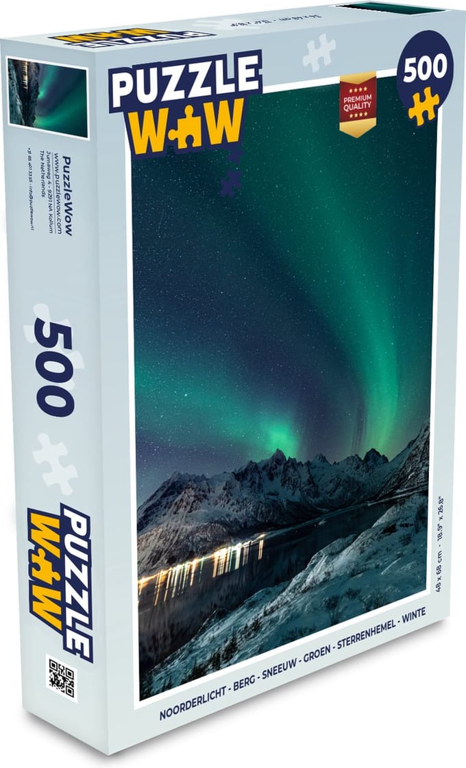 Puzzel Noorderlicht - Berg - Sneeuw - Groen - Sterrenhemel - Winter - Legpuzzel - Puzzel 500 stukjes