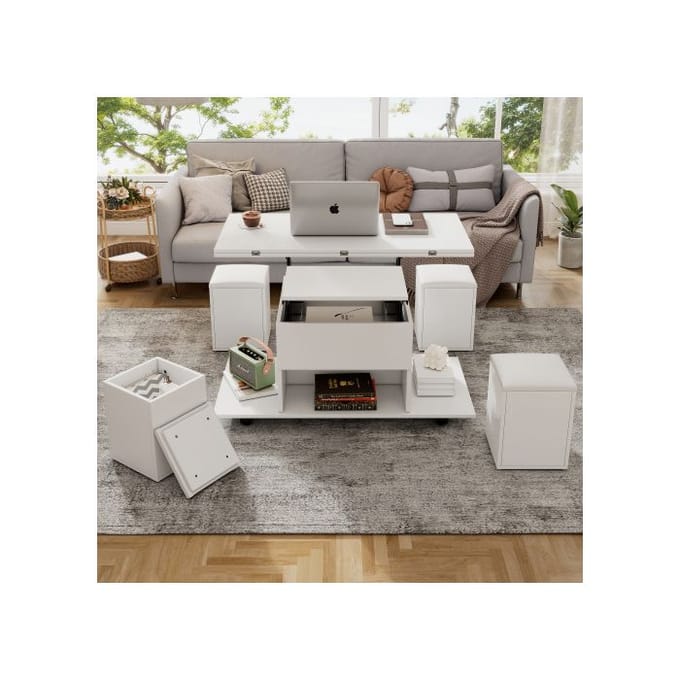 Table basse relevable multifonctionnelle - MUVOE - Bureau 2 tables - Blanc - Grande capacité - Design moderne blanc