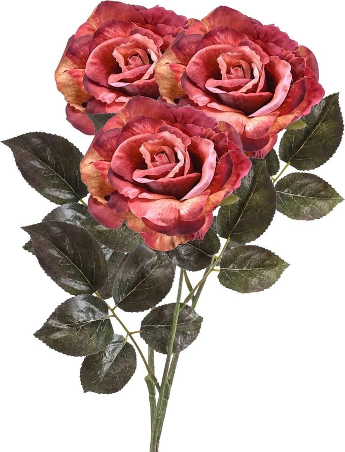 Emerald Kunstbloem roos Pascal - 3x - roze/oranje - 65 cm - decoratie bloemen