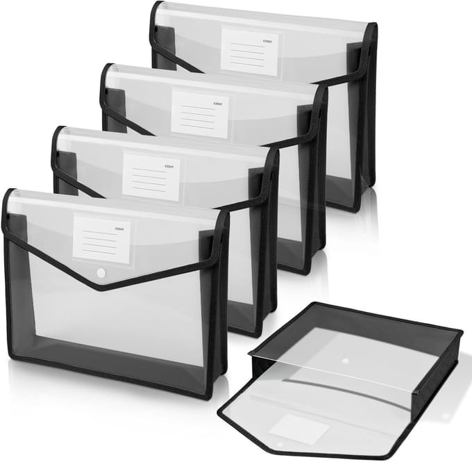 Set van 5 A4 Documenthoezen met Perforaties, Labels en Drukknopen voor Documentorganisatie in Horizontale Indeling